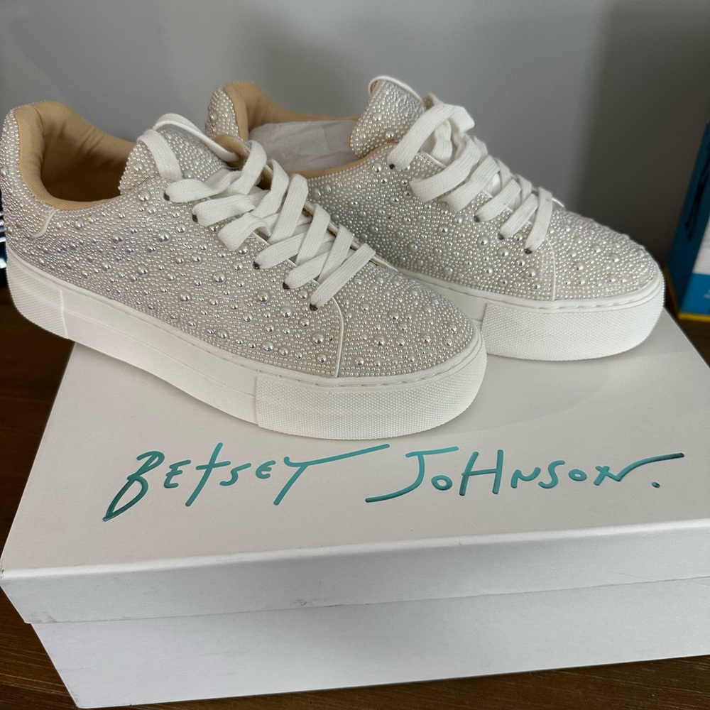 Betsey Johnson White Pearl Embellished Sneakers
